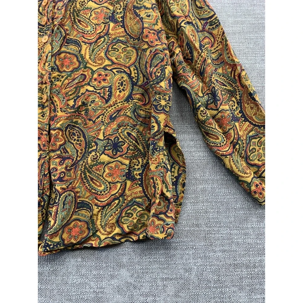 August Silk Shirt Women Medium Multicolor Paisley Print Silk Side Slit Button Up